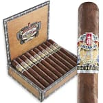 Open box filled with Alec Bradley American Sun Grown cigars, with a single cigar displayed in front.