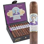 Open box of Diamond Crown Julius Caeser cigars featuring elegant bands and expertly crafted cigars with rich brown wrappers.