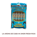La Aroma de cuba Mi Amor fresh pack -a sealed humidor pack containing Premium Mi Amor cigars with a bold,rich blend,featuring the brand’s elegant blue and gold logo