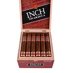 Open box of Inch Nicaragua cigars with dark Nicaraguan wrappers and bold black-and-gold bands neatly arranged in a wooden box.
