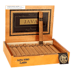 Open box of Java Latte by Rocky Patel cigars with light Connecticut wrappers and elegant coffee-themed branding.