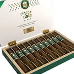 Open box of Joya de Nicaragua Cinco de Cinco cigars, displaying their rich, dark wrappers and elegant presentation.