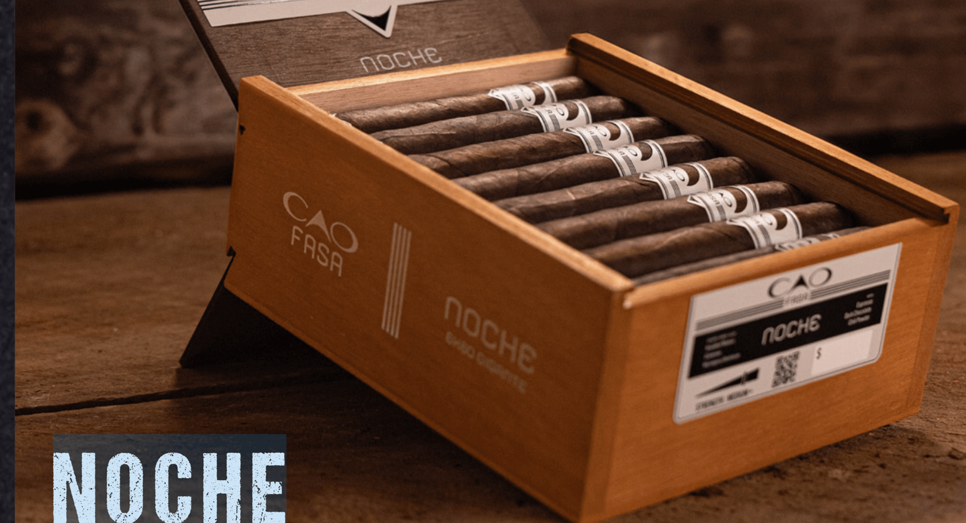 Open box of CAO Fuma Noche cigars featuring dark Brazilian Mata Fina wrappers and premium construction.