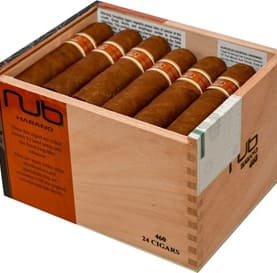 Box of Nub Habano cigars displayed open, highlighting the robust and bold cigars inside