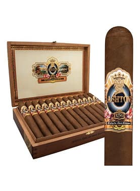 Open box of Ashton VSG cigars featuring bold, sun-grown Ecuadorian Sumatra-wrapped cigars with a dark, rich wrapper and elegant gold band, neatly arranged in a cedar-lined interior.