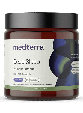 20-count jar of Medterra Deep Sleep Gummies with CBD, melatonin, and natural sleep-supporting ingredients for better rest.