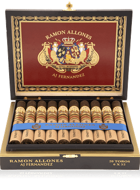 An open box of Ramon Allones cigars, showcasing their premium construction with smooth, dark wrappers and neatly arranged cigars, offering a full-bodied smoke with earthy, leathery flavors and a hint of spice