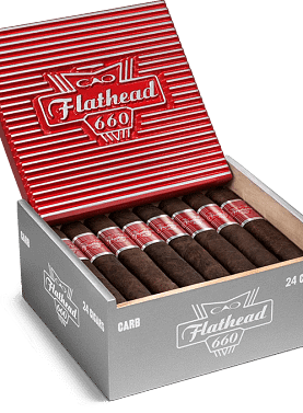 Open box of CAO Flathead cigars with dark, box-pressed wrappers and retro automotive-themed packaging.