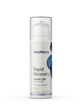 Tube of Medterra Rapid Recovery Cooling Cream 500 mg, featuring CBD and menthol for targeted, cooling relief.