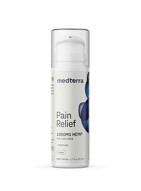 Tube of Medterra Pain Relief Cream with 1000 mg CBD, menthol, and arnica for fast, cooling pain relief.