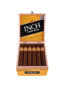 Open box of Inch Natural cigars with golden-brown wrappers and bold bands, neatly arranged in a wooden box.