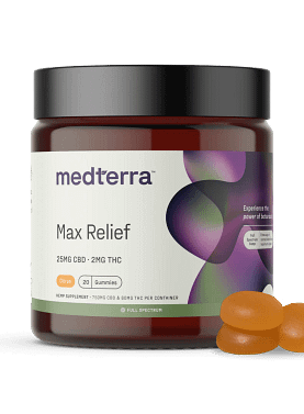 Jar of Medterra Max Relief Full Spectrum CBD Gummies with three gummies beside it, showcasing size and texture.