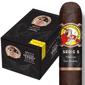 La Gloria Cubana Serie S cigar with dark San Andrés wrapper displayed in front of its closed box, showcasing bold and rich presentation