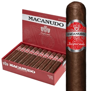 Open box of Macanudo Inspirado Red cigars with dark Habano wrappers and bold red banding, arranged for a striking presentation.