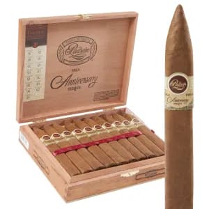Open box of Padrón 1964 Anniversary Series Natural cigars with smooth, light brown wrappers and signature Padrón bands