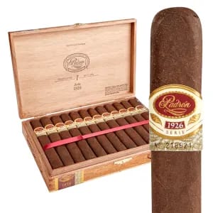 Open box of Padrón 1926 Anniversary Series Natural cigars with smooth, light brown wrappers and signature Padrón bands