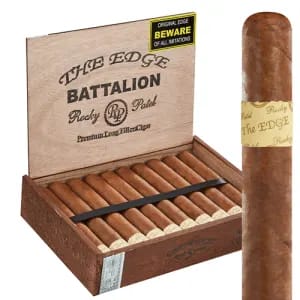 Open box of Rocky Patel The Edge Corojo cigars with rich, reddish-brown Corojo wrappers and bold, red-accented bands.