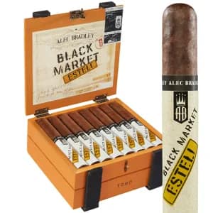 Alec Bradley Black Market Estelí cigar in front of an open box containing multiple cigars.