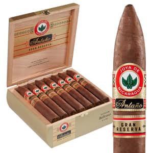 Open box of Joya de Nicaragua Antaño Gran Reserva cigars, showcasing their rich, dark Habano Criollo wrappers and bold, full-bodied appeal