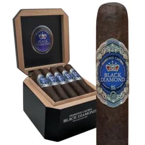 Open box of Diamond Crown Black Diamond cigars with a single cigar displayed in front, featuring dark wrappers and luxurious black-and-purple bands.