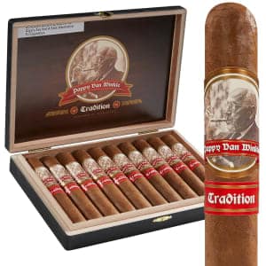 Single Pappy Van Winkle Barrel Fermented cigar displayed in front of an open box of the same cigars.