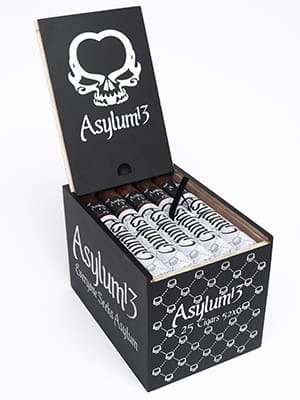 Open box of Asylum 13 Nicaragua cigars with dark, oily wrappers and bold black bands