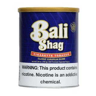 Can of Bali Shag roll-your-own tobacco featuring vibrant tropical-themed packaging.