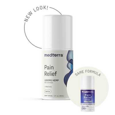 Medterra Pain Relief Roll-On tube with 1000 mg CBD, menthol, and arnica for targeted muscle and joint pain relief.