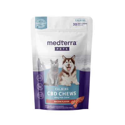Bag of 20 Medterra Pet Hemp Calming Chews with CBD and natural calming ingredients for reducing pet anxiety.
