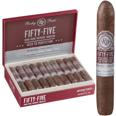 Open box of Rocky Patel Fifty-Five cigars, neatly arranged with dark Nicaraguan wrappers and bold red-and-gold bands.
