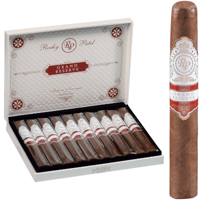 Rocky Patel Grand Reserve cigars displayed with rich brown wrappers and elegant red and gold bands