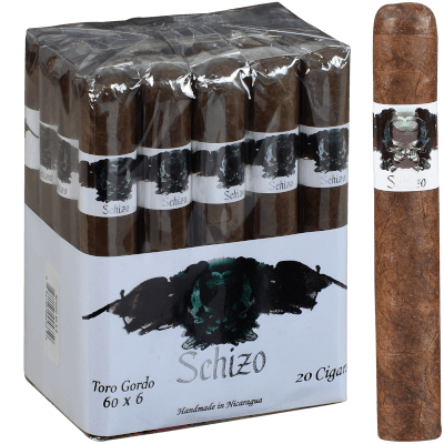Single Asylum Schizo cigar in focus with a bundle of Asylum Schizo cigars blurred softly in the background, showcasing rich wrapper texture and detailed band design.