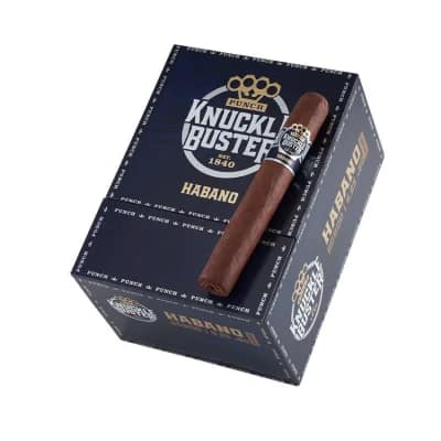 Single Punch Knuckle Buster Habano cigar resting on its box, showcasing natural Habano wrapper and bold branding