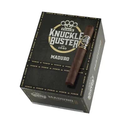 Single Punch Knuckle Buster Maduro cigar resting on its box, showcasing dark Maduro wrapper and bold packaging