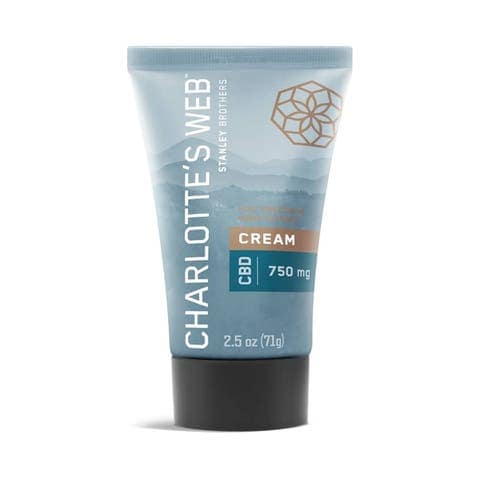 Charlotte’s Web CBD Cream 2.5 oz tube with 750 mg CBD, featuring clean, natural packaging for targeted skin relief.