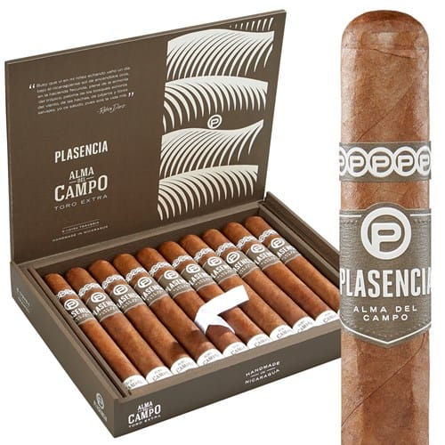 Open box of Plasencia Alma del Campo cigars, showcasing their smooth, golden-brown wrappers and elegant craftsmanship
