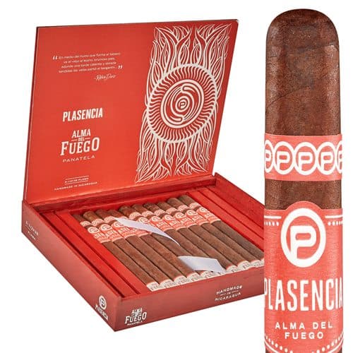 Open box of Plasencia Alma del Fuego cigars, showcasing their dark, oily wrappers and premium craftsmanship