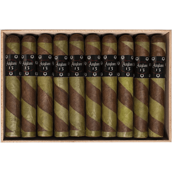 Asylum 13 Ogre cigar with distinctive green and brown barber pole wrapper