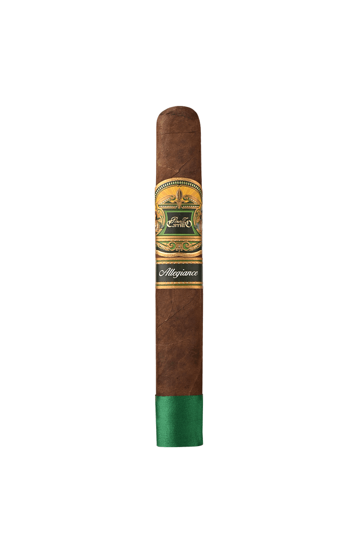 A single E.P. Carrillo Allegiance cigar featuring a dark, smooth wrapper and a sleek band with bold branding, showcasing its premium construction and full-bodied appeal