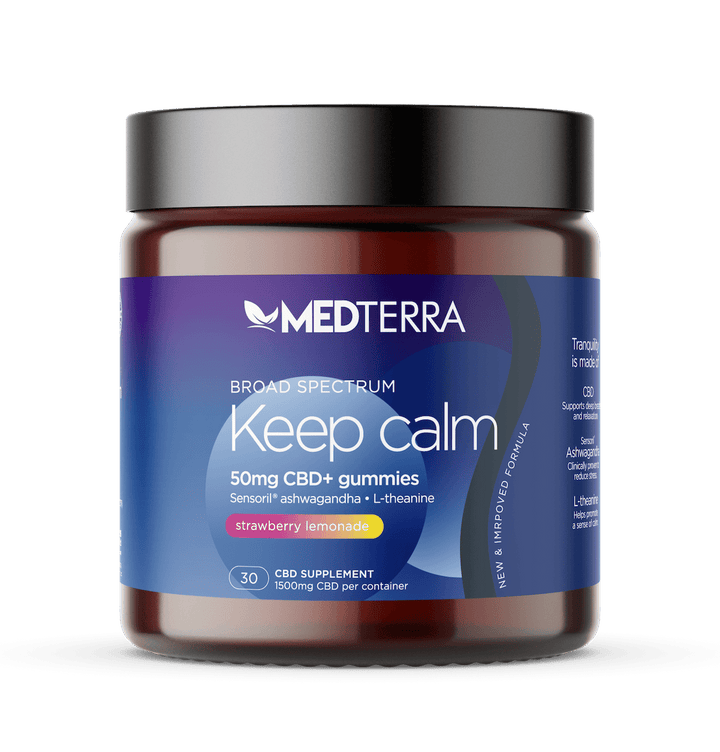 20-count jar of Medterra Calm Gummies with CBD, L-theanine, and lemon balm to promote relaxation and reduce stress.