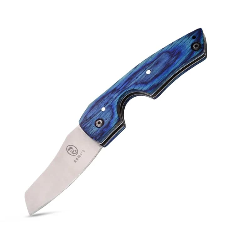 Rami's cigar knife with blue hardwood handle displayed on a clean white background