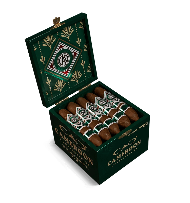 Open box of CAO Cameroon cigars with vibrant reddish-brown Cameroon wrappers and classic branding.