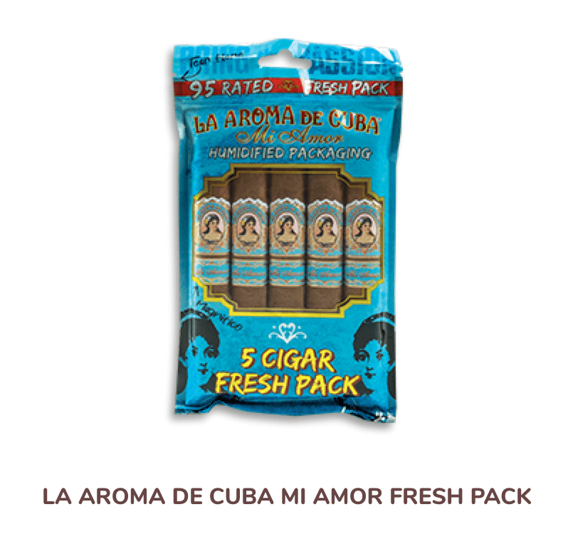 La Aroma de cuba Mi Amor fresh pack -a sealed humidor pack containing Premium Mi Amor cigars with a bold,rich blend,featuring the brand’s elegant blue and gold logo