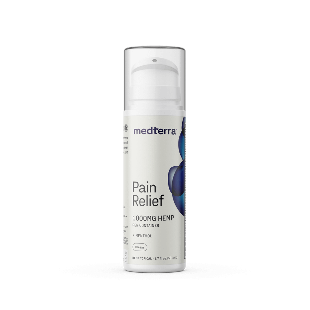Tube of Medterra Pain Relief Cream with 1000 mg CBD, menthol, and arnica for fast, cooling pain relief.