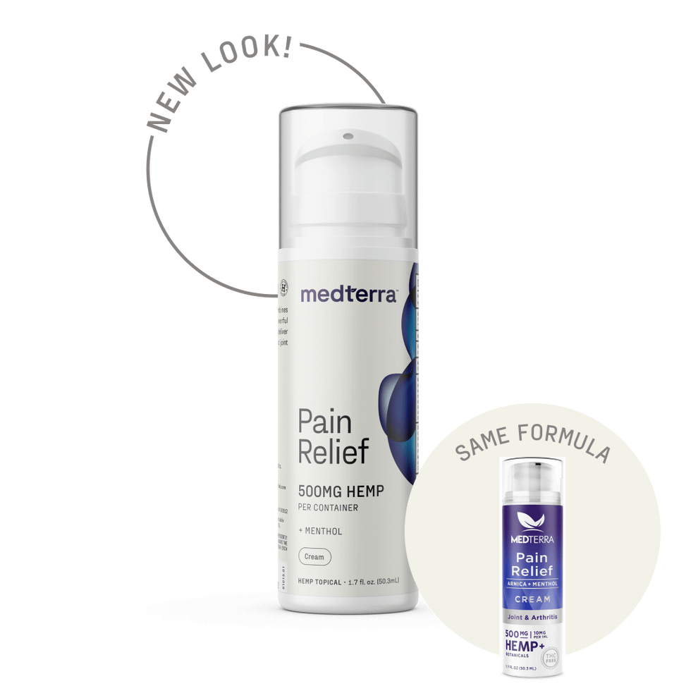 Tube of Medterra Pain Relief Cream with 1000 mg CBD, menthol, and arnica for fast, cooling pain relief.