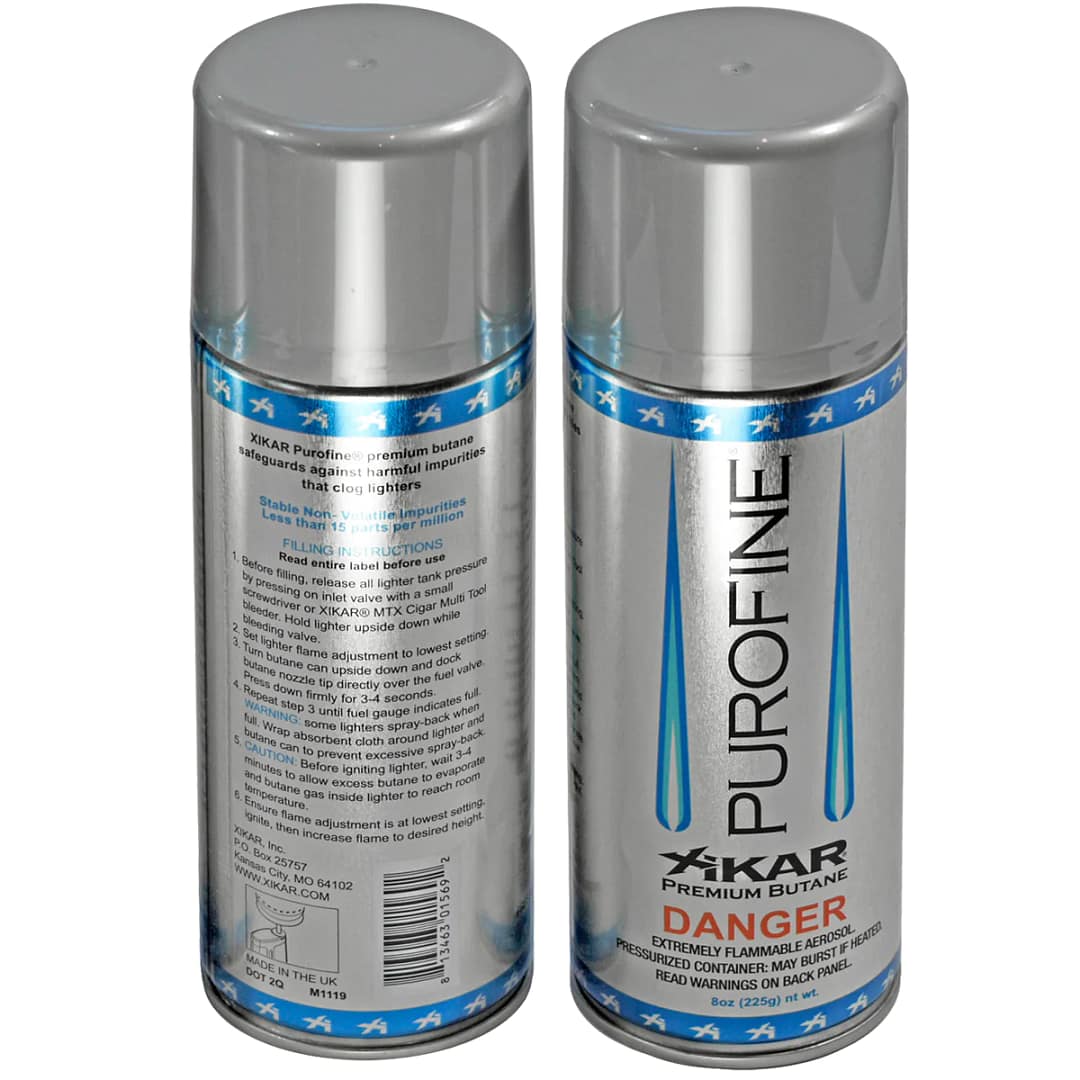 Two 400ml cans of XIKAR Premium Butane Lighter Fuel side by side.