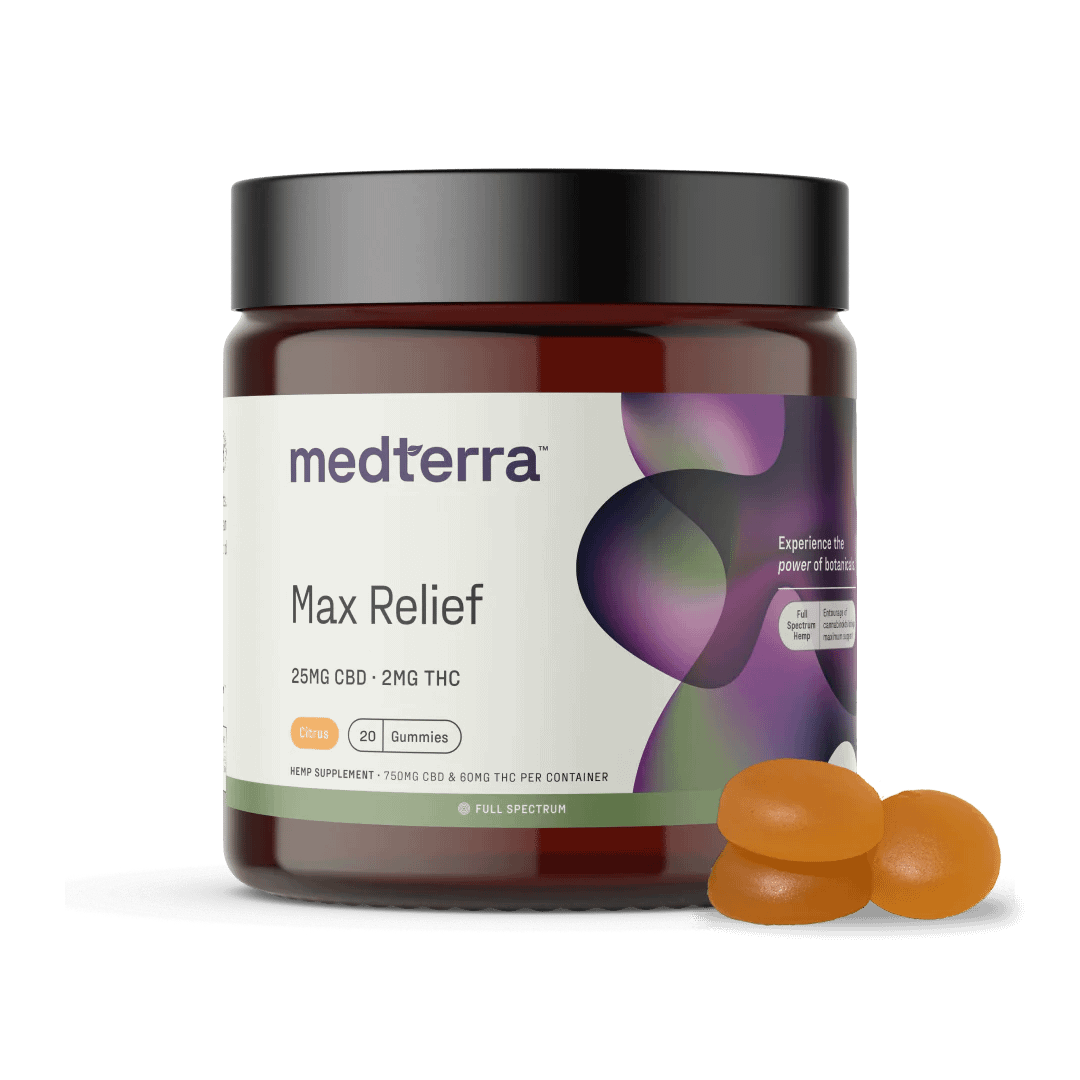 Jar of Medterra Max Relief Full Spectrum CBD Gummies with three gummies beside it, showcasing size and texture.