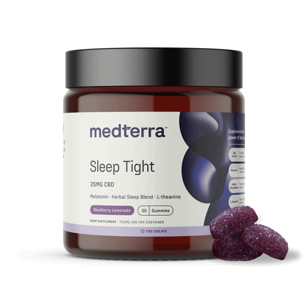 Jar of 30 Medterra Sleep Tight CBD Gummies with two gummies placed beside it, showing texture and serving size.