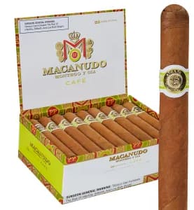Open box of Macanudo Café cigars with light Connecticut Shade wrappers and elegant branding.