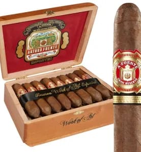 Open box of Arturo Fuente Hemingway cigars with a single perfecto-shaped cigar displayed in front.